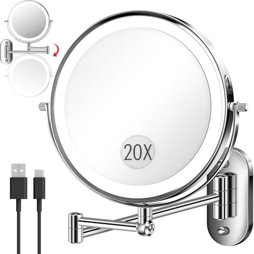 20X 9" Wall Mounted Magnifying Makeup Mirror with Light Height Adjustable | 5000mAh Double Sided Rechargeable LED Lighted Vanity Mirror with Magnification 3 Color Light up Extended Arm 360 Rotation - color: 9inches-chrome