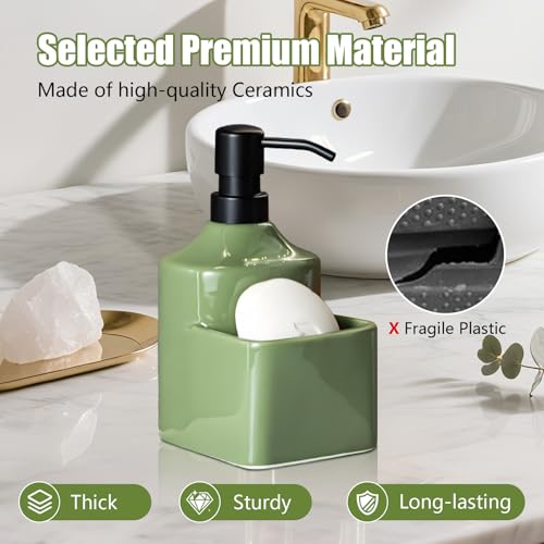 Gets Soap Dispenser Green Ceramic Pump Bottle with Storage Holder | Countertop Liquid Hand Wash Bottle with Organizer Tray for Bathroom, Kitchen, Refillable Modern Dispenser for Vanity Sink - size: Green With Sponge Holder