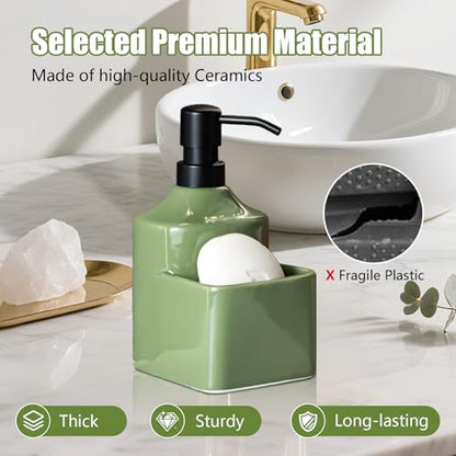 Gets Soap Dispenser Green Ceramic Pump Bottle with Storage Holder | Countertop Liquid Hand Wash Bottle with Organizer Tray for Bathroom, Kitchen, Refillable Modern Dispenser for Vanity Sink - size: Green With Sponge Holder