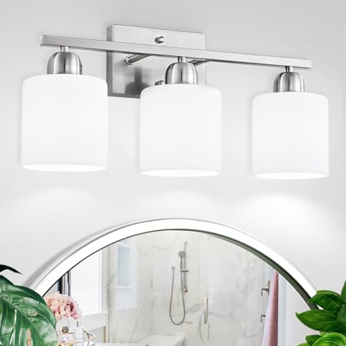 Brushed Nickel Bathroom Light Fixture, Anti-Rust Finish 3 Light Vanity Lights for Bathroom, Bath Lights with Milky White Frosted Glass Shades, E26 Socket - color: Nickel & Milky White Glass, size: 3-Light