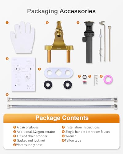 WOWOW 4 Inch Bathroom Faucet Single Handle Faucet for Bathroom Sink Brushed Gold Vanity Tap with Lift Rod Drain Assembly, Rv Lavatory Taps 3 Hole - color: Brushed Gold