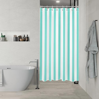 Modern Farmhouse Narrow Shower Curtain Set, 48 x 68 inch, Teal and White Striped Half Size Liner, Fabric Set with Hooks - color: Teal, size: 48"W x 68"L (Pack of 1)