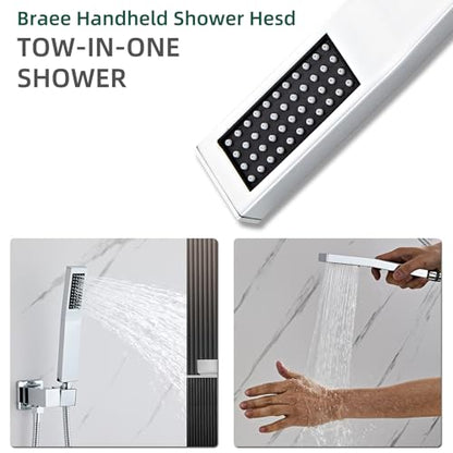 Bathroom Square Chrome Solid Brass Hand Held Shower Head With Wall Connector and Hose System Wall Mount Handheld Showerheads Set - color: Chrome