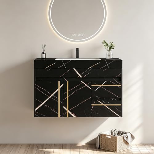35.2 Inch Floating Bathroom Vanity with Ceramic Sink Combo, Modern Wall Mounted Bathroom Cabinet with 2 Soft-Close Doors & 2 Drawers, Faux Marble Top, Black - color: Black