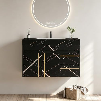 35.2 Inch Floating Bathroom Vanity with Ceramic Sink Combo, Modern Wall Mounted Bathroom Cabinet with 2 Soft-Close Doors & 2 Drawers, Faux Marble Top, Black - color: Black