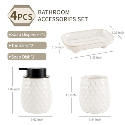 Bathroom Accessory Set 4PCS, Ceramic Bathroom Accessories Set, Bathroom Accessories Sets Complete, White Honeycomb Design, Home Apartment Modern Bath Decor Vanity Countertop, ANTIS'S HOME - size: Liquid