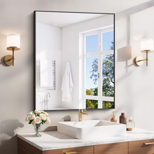 YIROMAN Bathroom Mirror 30"x36", Matte Black Bathroom Mirror for Over Sink with Aluminum Frame, Rectangular Vanity Mirror with Right Angle, Wall Mirror Hangs Horizontal or Vertical, Shatterproof - color: Black, size: 36"L x 30"W