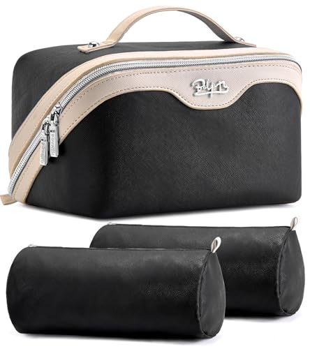 BOYATU Travel Makeup Bag Organizer Cosmetic Bag: 3 Pcs Set Make up Bags for Women with Handle - Waterproof Vegan Leather Toiletry Bags Travel Essentials Pouch with Compartments (A-01-Black) - color: 02-C-Black
