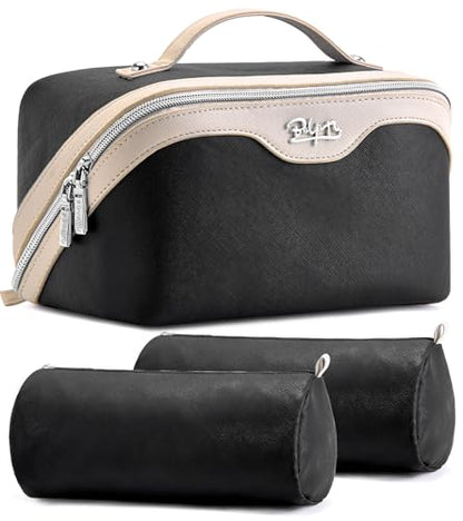 BOYATU Travel Makeup Bag Organizer Cosmetic Bag: 3 Pcs Set Make up Bags for Women with Handle - Waterproof Vegan Leather Toiletry Bags Travel Essentials Pouch with Compartments (A-01-Black) - color: 02-C-Black