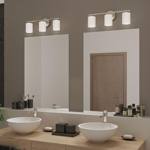 Replay Collection 3-Light Etched White Glass Modern Bath Vanity Light Brushed Nickel - color: Brushed Nickel, size: 3-Light
