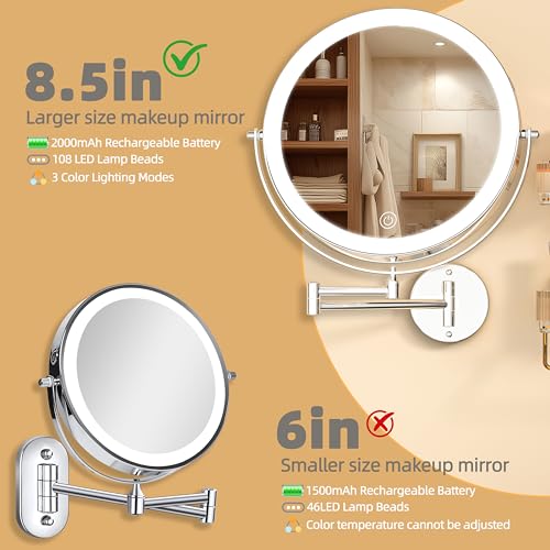 Wall Mounted Lighted Makeup Mirror with Extended Arm for Bathroom | Round 8.5 Inch Double Side 1X/10X Magnifying, 360° Swivel, 19.7 Inch Extended Arm, 3 Color Lights Dimmable, Rechargeable - color: Chrome