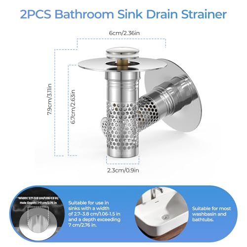 2 Pack Pop Up Bathroom Sink Drain Stoppers, Removable Sink Drain Strainer Stopper Hair Catcher with Stainless Steel Anti-Clog Filter Basket for Sinks and Drains 1.06-1.5 Inch