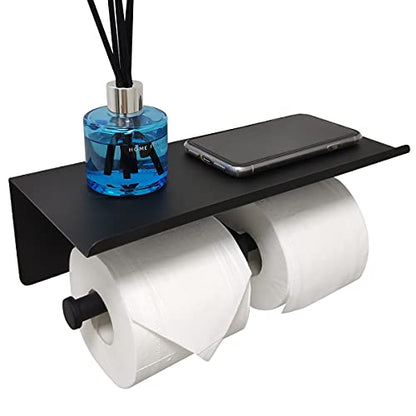 GZILA Double Toilet Paper Holder with Shelf Matte Black Wall Mounted, Dual Large Rolls Tissue Holder Multipurpose TP Dispenser, SUS 304 Stainless Steel - color: Matte Black