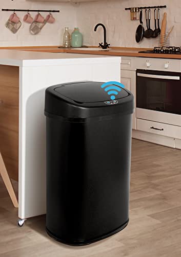 13 Gallon/50 L Kitchen Trash Can With Stainless Steel Touch-Free Lid, Automatic Motion Sensor Garbage Can for Bathroom, Brushed Finish - color: Black