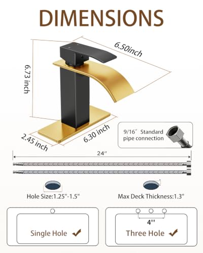 Waterfall Single Handle Bathroom Sink Faucet with Drain BlackGold | Black Gold Vanity Faucet with Pop-up Drain, Ceramic Valve, for 1 or 3 Hole Modern Bathrooms. - color: Black Gold