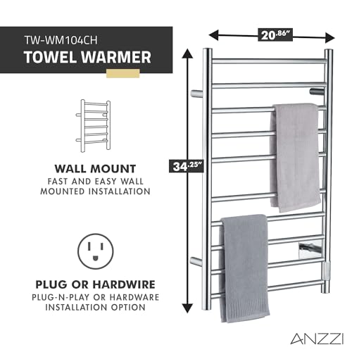 ANZZI Crete 10 Bar Stainless Steel Wall Mounted Towel Warmer Rack | Temperatue Range 104 F 122 F For Quick Warming, F 122 Made Sturdy Add Touch, Finish Polished Chrome, Rhino Alloy Certified