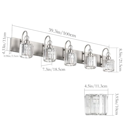 Ralbay Crystal Bathroom Vanity Light Brushed Nickel Modern 5 Light Bathroom Wall Lighting Fixtures Over Mirror - color: Round-Brushed Nickel, size: 5-light