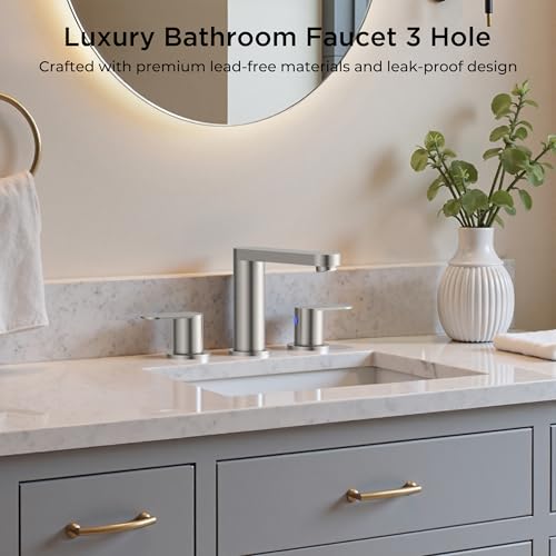 QFN Bathroom Faucet 3 Hole 8" Widespread Vanity Sink Faucet Brushed Nickel | 304 Stainless Steel Bathroom Sink Faucet with Pop-up Drain, 6-12 Inch 3 Hole Install, for RV Laundry Farmhouse Restroom Sink - color: Brushed Nickel, style: Round