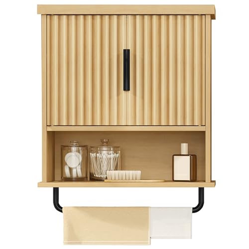VASAGLE MAXE Collection - Bathroom Cabinet Wall Mounted, Over Toilet Hanging Cabinet with Adjustable Shelf, Towel Bar, Fluted Doors, 7.9 x 17.7 x 24 Inches, Transitional, Oak Beige UBBK137Y01S - color: Oak Beige, style: 2Doors（24"H）