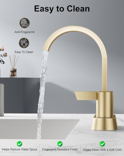 Brushed Gold Bathroom Faucet,4 Inch Centerset 2-Handle Waterfall | Includes Pop-Up Drain,24-Inch Supply Lines,Mounting Hardware,SUS304 Stainless Steel Construction,And A 360° Swivel Spout - color: Brushed Gold