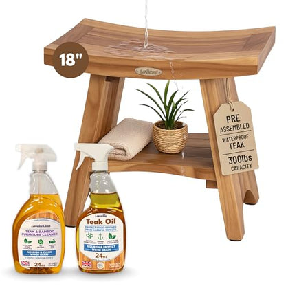 EcoDecors Serenity 18" Teak Shower Bench Bundle with Care Kit | Shower bench with adjustable non-slip feet provides secure stability on wet, sloped, or uneven shower floors - size: 18" Shelf Assembled + 2 pack Cleaner & Teak Oil