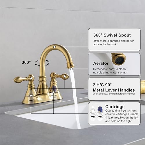 Brushed Gold 4 Inch Centerset Bathroom Sink Faucet 3 Hole with Pop up Drain | Derengge High Arc Classic 2-Handle Bathroom Faucet, Vanity Lavatory Faucet with 360° Swivel Spout，F-4501-CS - color: Brushed Gold