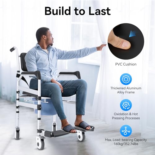 Shower Chair with Wheels, Rolling Commode Chair for Toilet with Arms, Adjustable Height Folding Bath Commodes for Inside Shower, Bedside Wheelchair Bathroom Chairs for Elderly Disabled Injured
