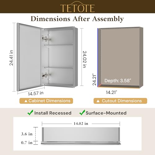 TETOTE 14 x 24 Medicine Cabinet with Tempered Beveled Mirror Silver Aluminum Cabinet DTC Hinges, Stepless Adjustable Shelves, Recessed/Surface-Mounted - color: Silver, size: 24"L x 14"W
