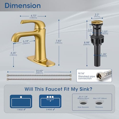 Single Hole Bathroom Faucet,‎Bathroom Sink Faucet,Brushed Gold Bathroom Faucet 1 Hole,with Pop Up Drain and cUPC Supply Lines for Vanity,Lavatory RV Farmhouse (HG-8901-BG) - color: A-Brushed Gold