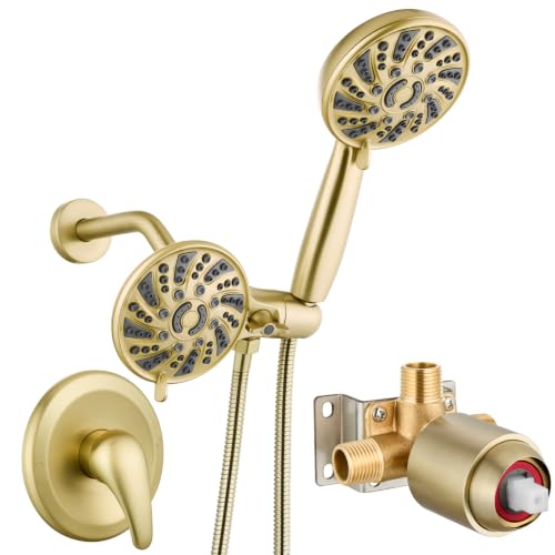 gotonovo Dual Shower Head Kit with Valve 6 Mode Handheld Brushed Gold | 6 Mode ABS Rain Head 6 Mode ABS Handheld Spray 2 in 1 Bathroom Trim Kit Pressure Balance Valve Shower Head and Handle Set - color: Gold