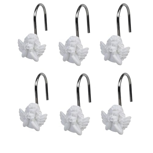 Twofish Home White Angel Shower Curtain Hooks Anti Rust Shower Curtain Hooks Decorative Resin White Angel Shower Curtain Rings Set of 12 - color: White Angel