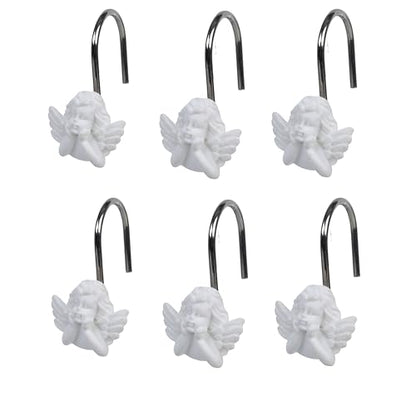Twofish Home White Angel Shower Curtain Hooks Anti Rust Shower Curtain Hooks Decorative Resin White Angel Shower Curtain Rings Set of 12 - color: White Angel