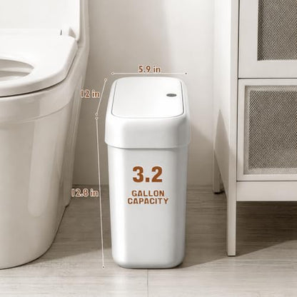 Small Bathroom Trash Can with Lid, 3.2 Gallon Slim Press-Top Trash Can, Pet-Resistant Narrow Plastic Wastebasket, White Garbage Bin for Bathroom Bedroom Office Dorm RV - size: 3.2 Gallon