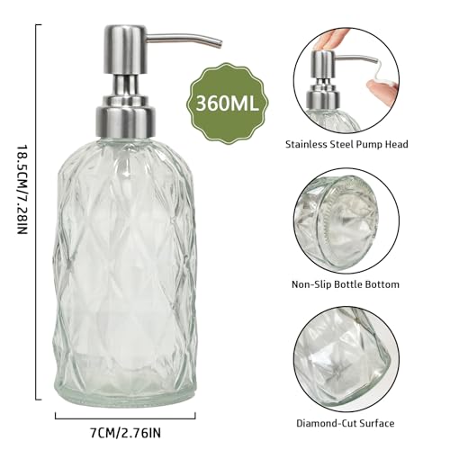 12Oz Clear Glass Soap Dispenser with Stainless Steel Pump, Diamond Design | Refillable Kitchen Liquid Hand Soap Dispenser, for Dispense Hand soap, Dish Soap, Lotion, Bathroom, Countertop, Hotel - color: Clear a