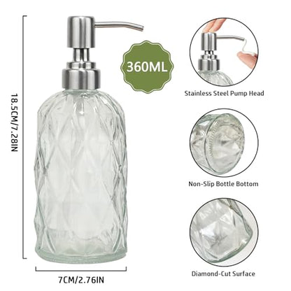 12Oz Clear Glass Soap Dispenser with Stainless Steel Pump, Diamond Design | Refillable Kitchen Liquid Hand Soap Dispenser, for Dispense Hand soap, Dish Soap, Lotion, Bathroom, Countertop, Hotel - color: Clear a