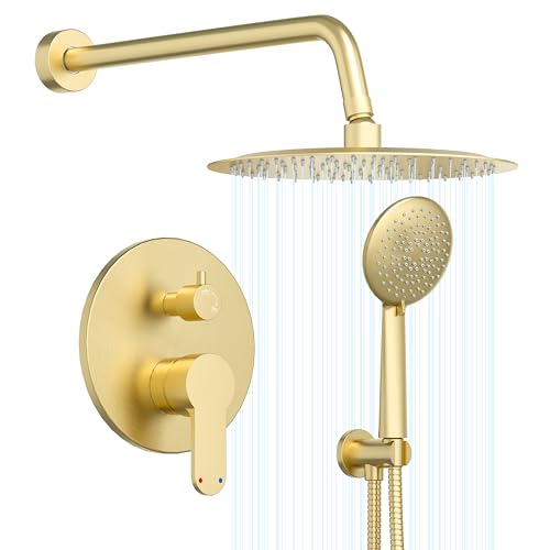 Gabrylly Gold Shower Head System, Shower Faucet Set with Pressure Balance Shower Valve, 10 Inch Shower Heads with 5-Setting handheld Spray Combo, High Pressure Shower Fixtures, Brushed Gold - color: Brushed Gold, style: 10 Inches-Without Tub Spout
