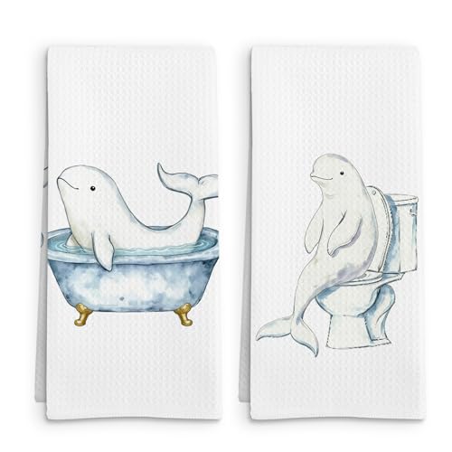 Funny Beluga Whale Hand Towels Set of 2, Beluga Whale Gifts for Kids Women Hand Towel, Cute Coastal Animal Decorative Towels for Bathroom, Nautical Ocean Animal Kids Bathroom Decor, 16x24in - color: Beluga