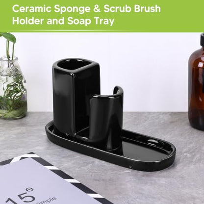 Ceramic Kitchen Sink Caddy Sponge Holder and Dish Brush Holder and Soap Tray for Kitchen Sink Organizer, Black - color: Black