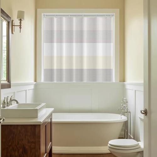 Boho Beige Brown Striped Small Bathroom Window Curtain 40" Wx36 L | Gray Bohemian Geometric, Polyester Waterproof, Machine Washable, Kitchen Dishwasher Cabinet , Easy to Install with 8 Hooks - color: Beige, size: 40"W x 36"L (Pack of 1)