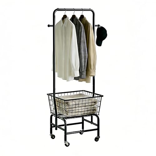 Rolling Laundry Cart with Hanging Rack Metal Laundry Basket with Wheels Laundry Hamper with Storage Basket and Shelf for Laundry Room Organization Black