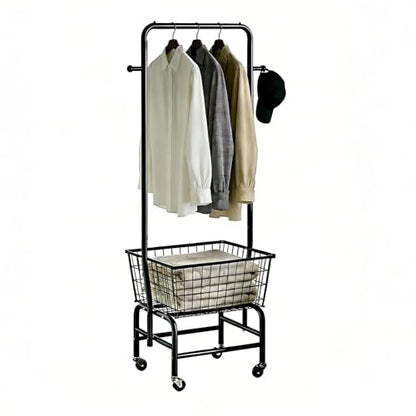 Rolling Laundry Cart with Hanging Rack Metal Laundry Basket with Wheels Laundry Hamper with Storage Basket and Shelf for Laundry Room Organization Black