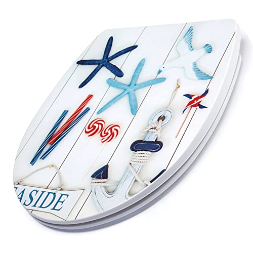 White Plastic Oval Toilet Seat with Quick Release, Top Fixing, Adjustable Hinges, Seagull and Starfish Design, One Size - color: Seagull and Starfish