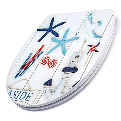White Plastic Oval Toilet Seat with Quick Release, Top Fixing, Adjustable Hinges, Seagull and Starfish Design, One Size - color: Seagull and Starfish