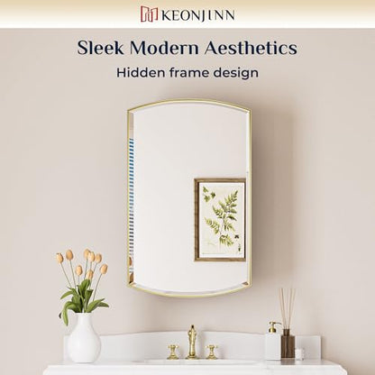 Keonjinn Medicine Cabinet 16 x 26 Inch, Surface Mount or Recessed Cabinets with Mirrors, Gold Metal Framed Wall Mirror with Storage, 2 Adjustable Shelves, Beveled Edge Frame | Adjustable Shelves, Different Curved Frame Design, Wall Mirror with Storage, Su
