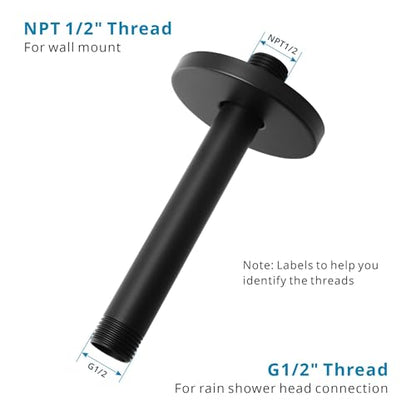 Straight Shower Arm with Flange, Ceiling Mount 6" Rainfall Shower Head Arm Extension Replacement, High Pressure & Hard Water Compatible, Matte Black - color: Round Matte Black 6 Inch