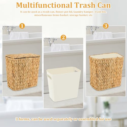 Wicker Trash Can with Lid and Liner, Handwoven Wicker Waste Basket, Water Hyacinth Bathroom Trash Can, Boho Rattan Garbage Wastebasket for Bedroom Home Living Room Office Kitchen, 2.5 Gallon - color: Water Hyacinth