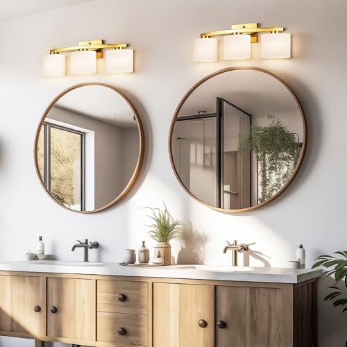 Bathroom Light Fixtures, 3-Light Modern Gold Vanity Light Over Mirror, Wall Sconces with Oval-Shaped White Glass Shades for Living Room, Bedroom, Hallway, E26 Base - color: Gold