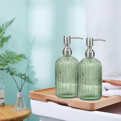 14Oz Green Soap Dispenser Bathroom, 2 Pack, Stainless Steel Pump, Stripe | Clear Glass Hand Soap Dispensers, Refillable Dish Soap Dispenser for Kitchen, Countertop Soap Dispensers - color: Green (2-pack)