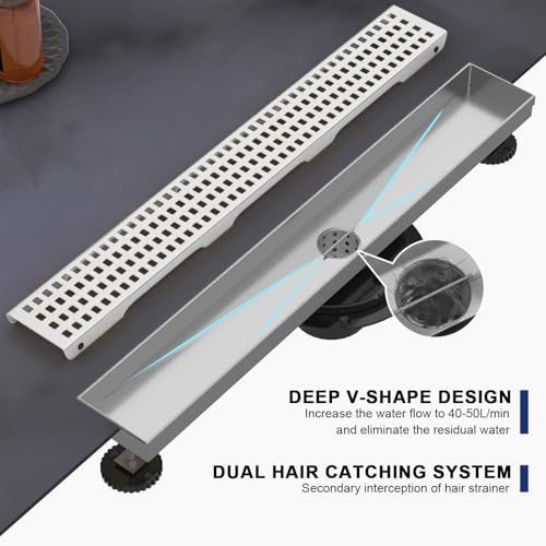 32 Inch Linear Shower Drain - Brushed Nickel, with Removable Grate | AISI 304 Stainless Steel Shower Drain, Long Rectangle Shower Floor Drain with Adjustable Feet, Fits Bathroom & Balcony etc - color: Brushed Nickel, size: 32 in