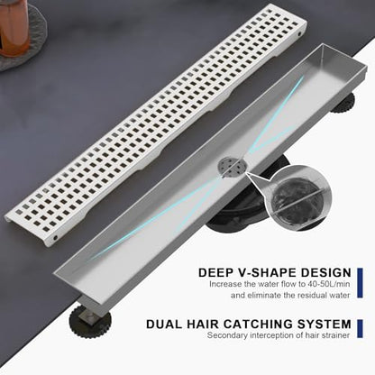 32 Inch Linear Shower Drain - Brushed Nickel, with Removable Grate | AISI 304 Stainless Steel Shower Drain, Long Rectangle Shower Floor Drain with Adjustable Feet, Fits Bathroom & Balcony etc - color: Brushed Nickel, size: 32 in